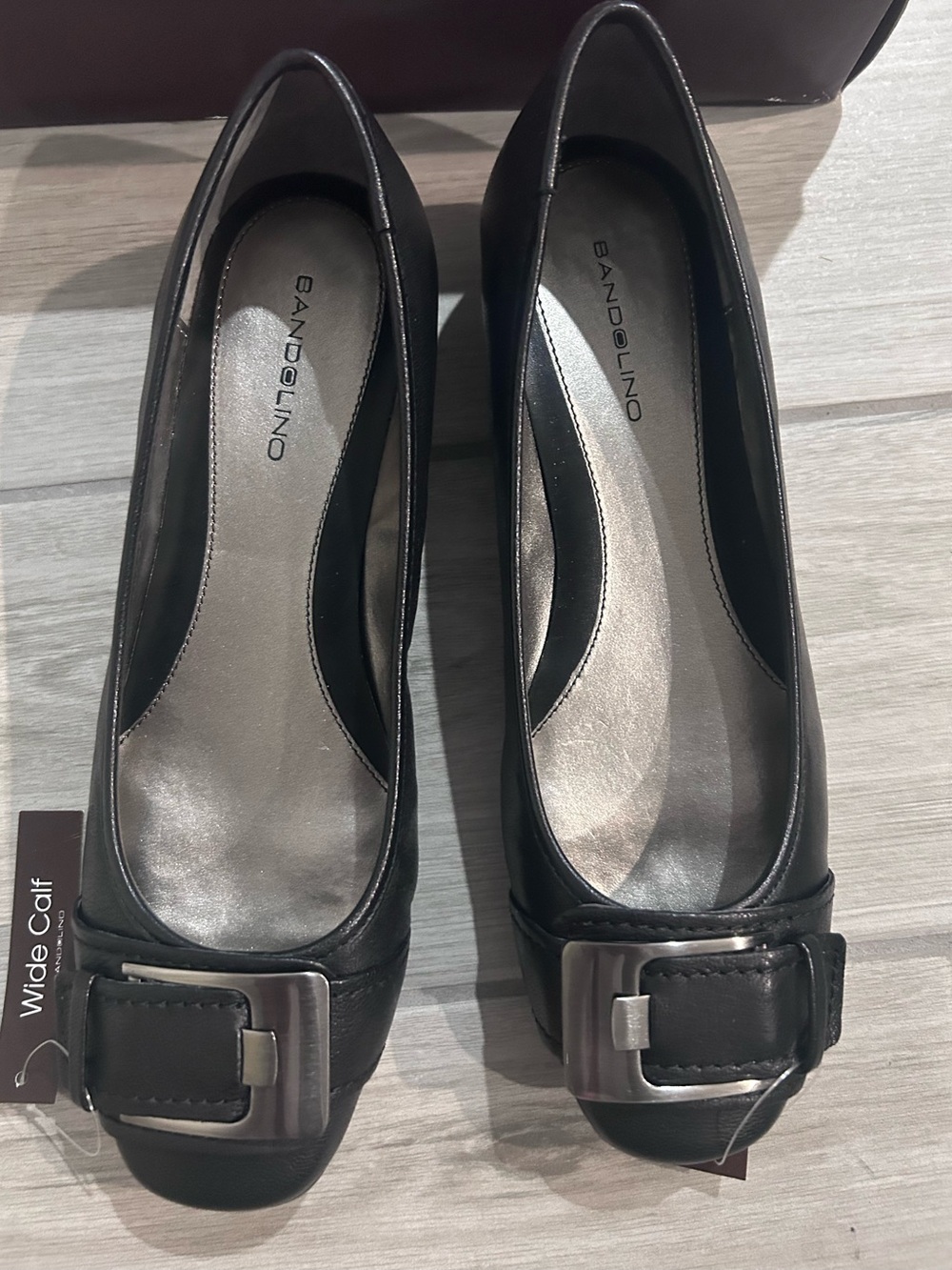 Bandolino Black Slip On Shoe with Silver Buckle and 1” Heel NIB size 8.5 wide